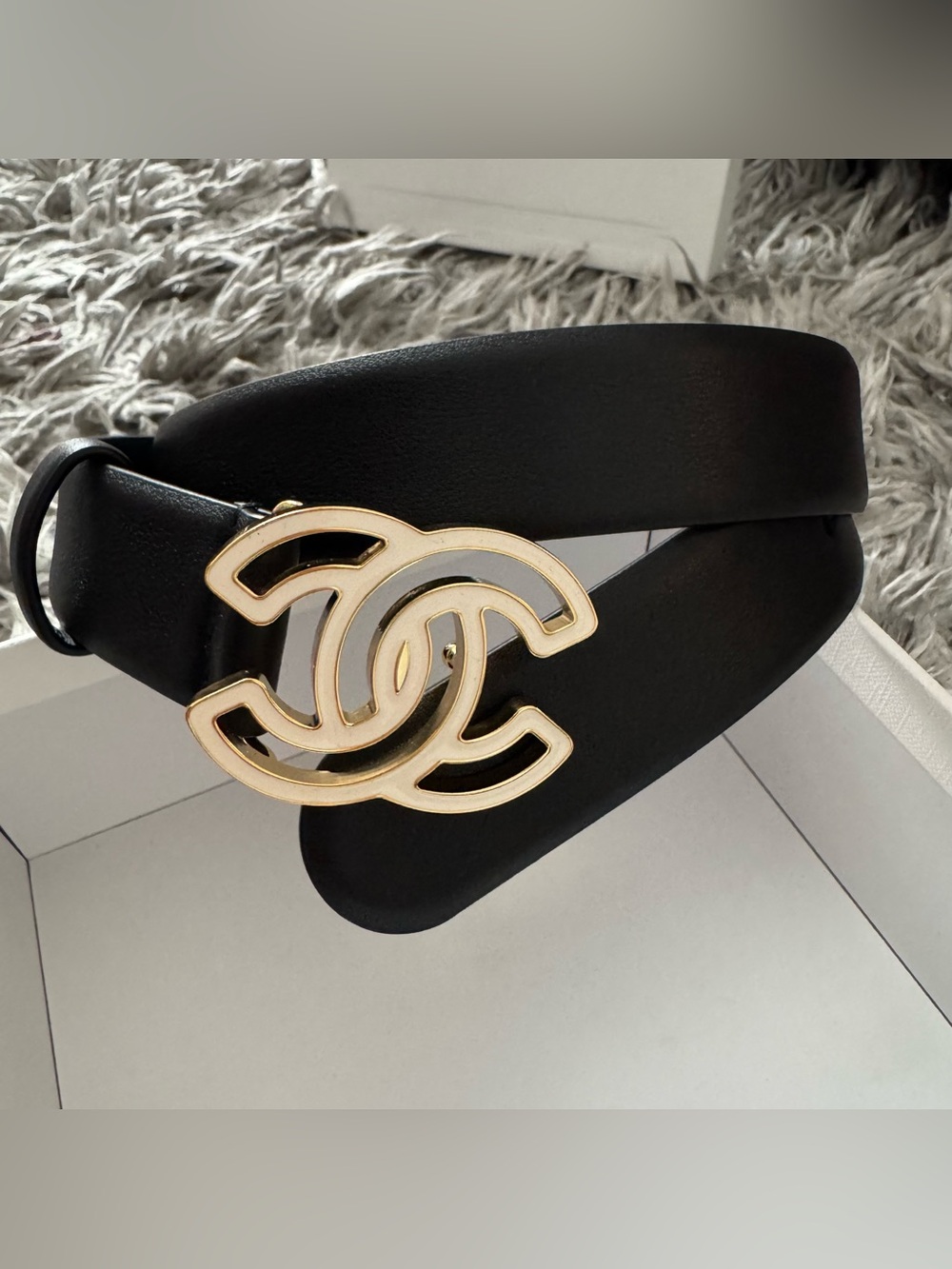 Black Leather Belt with Gold Interlocking Logo Buckle